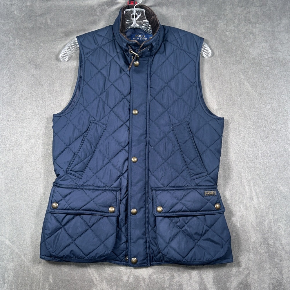 Polo Ralph Lauren Mens Diamond Quilted Navy Vest Leather Trim S Corduroy Collar
